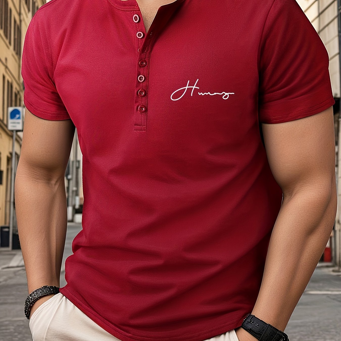 Men's athletic V-neck Henley t-shirt with trendy letter print for spring and summer fitness.