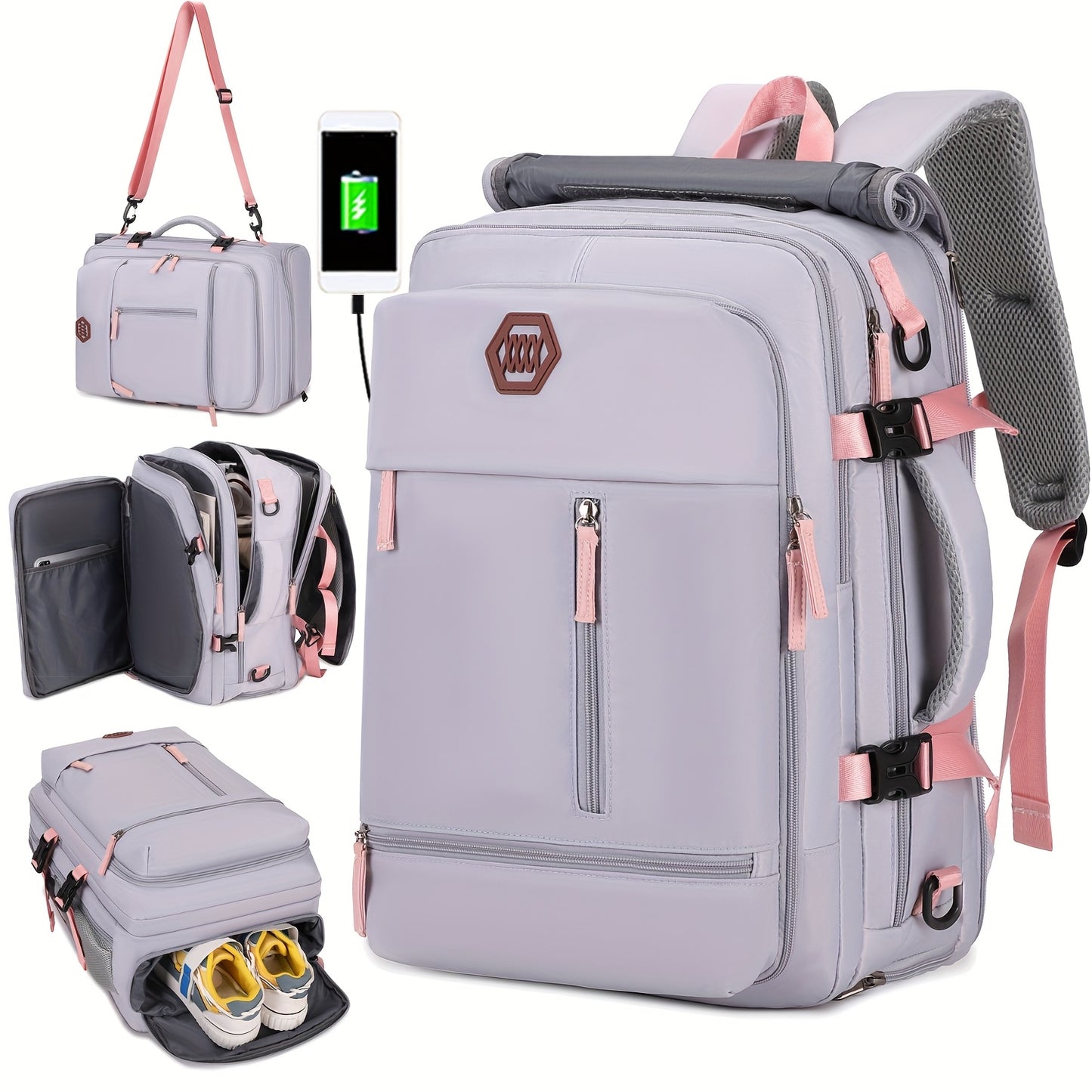 Large, durable backpack with shoe compartment, USB port, and 17-inch laptop compartment, ideal for college or business use.