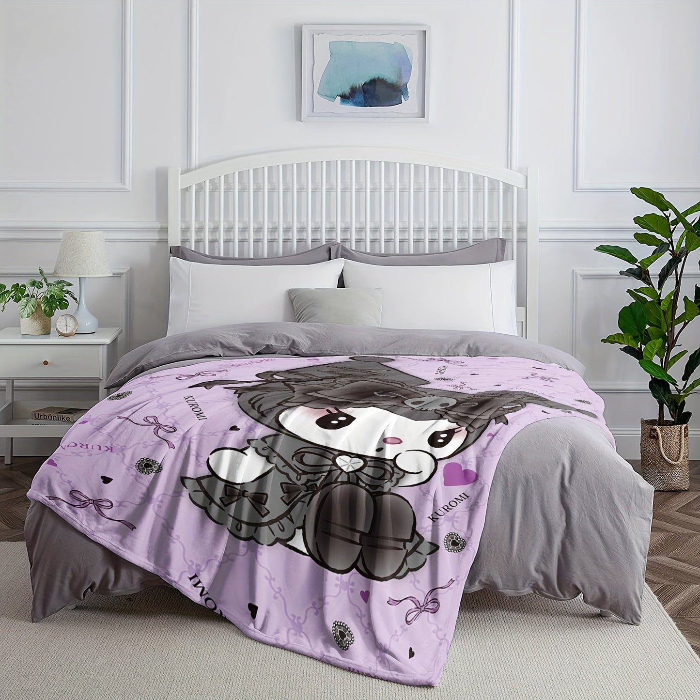 Get cozy with the Sanrio Kuromi Flannel Fleece Blanket featuring a vibrant digital print cartoon pattern. This all-season multipurpose throw is perfect for the living room, bedroom, camping, or travel. Made of 100% polyester, this blanket weighs