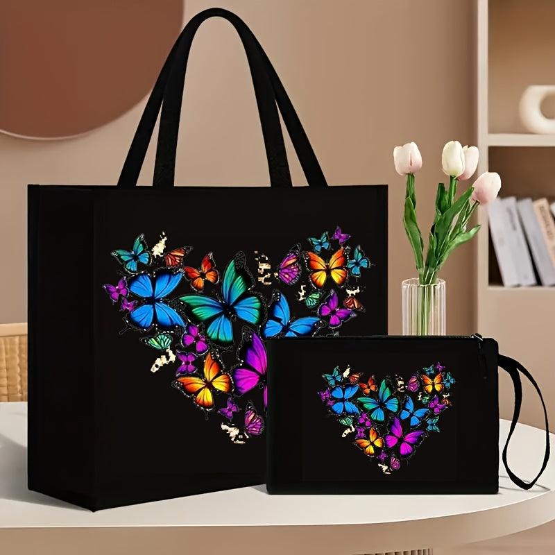 2-piece set consisting of a canvas tote bag with wallet, featuring butterfly and floral print, foldable and durable, fixed shoulder straps, polyester lining, kiss lock closure, geometric