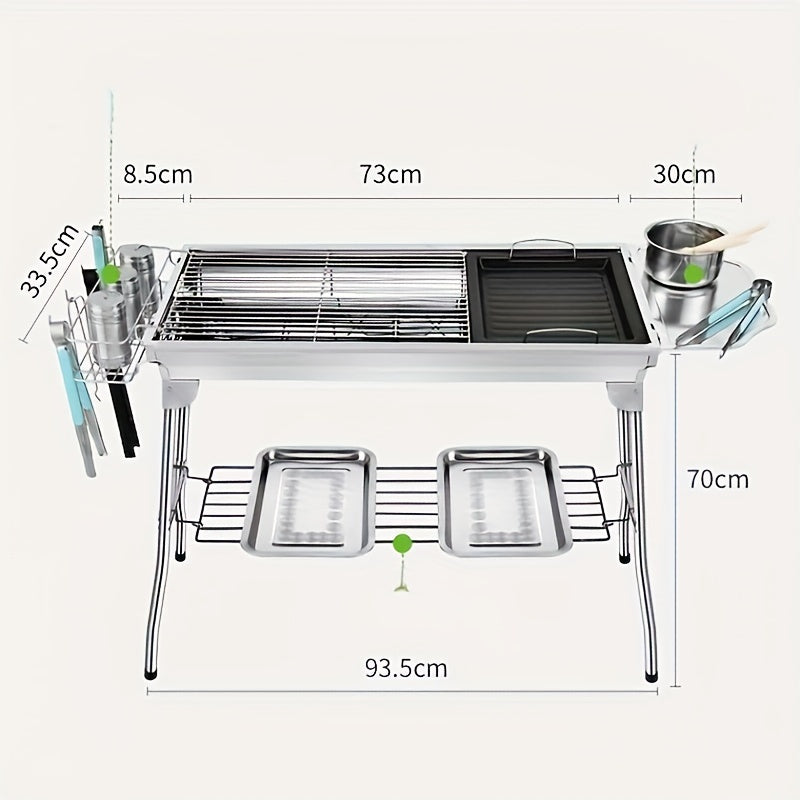 Large stainless steel barbecue grill for your household, camping, or outdoor gatherings. Features a folding design for easy portability.