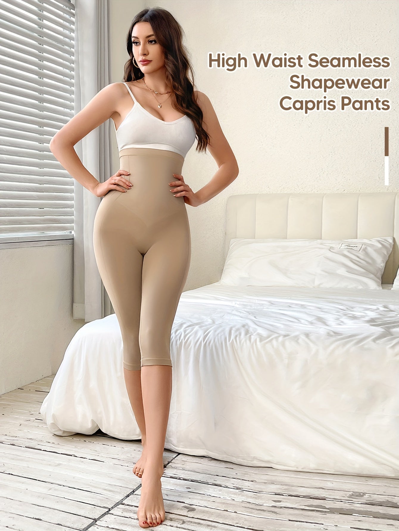 High-waist capri pants with chest support. Comfy, stretchy nylon blend body shaper for women. Machine washable.