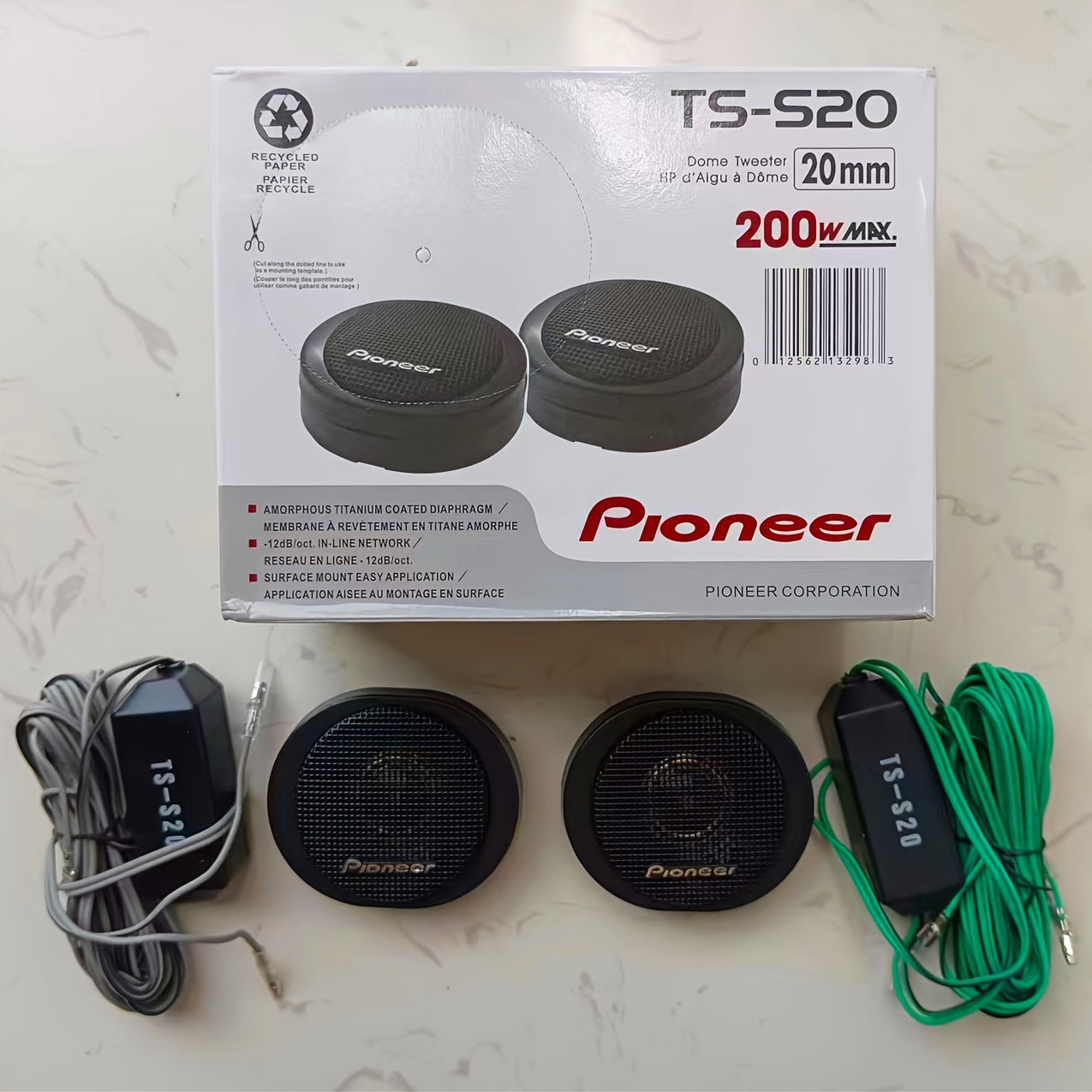 Pioneer TS-S20 Dome Tweeters with 200W High-Power, Durable Steel Construction, Matte Finish, Mounting Accessories Included, 1 Pair, Black, Audio System Enhancement - Bold Logo Branding