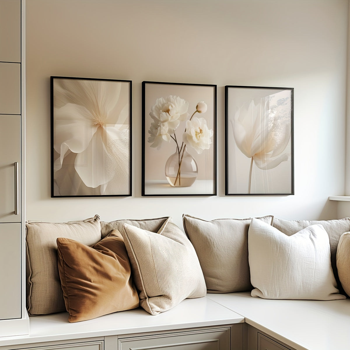 3 white peony flowers wall art prints for modern neutral decor in any room, unframed.