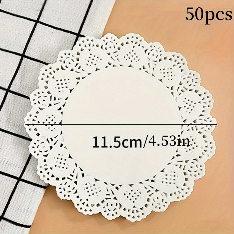 50 pieces each of lace paper, oil absorption paper pads, lace rolls, fried dim sum cakes, flower base paper, baking paper, food pads, pizza paper, and cake pads in three different shapes.