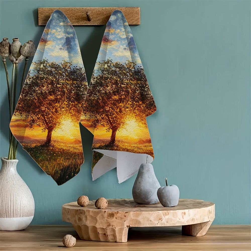 Get two ultra soft kitchen towels with "Sunset Serenity" and "Dusk Whimsy" designs. These highly absorbent polyester dish hand towels are machine washable and measure 40.64x60.96 cm. Perfect for holiday decor, these towels add a picturesque touch to your