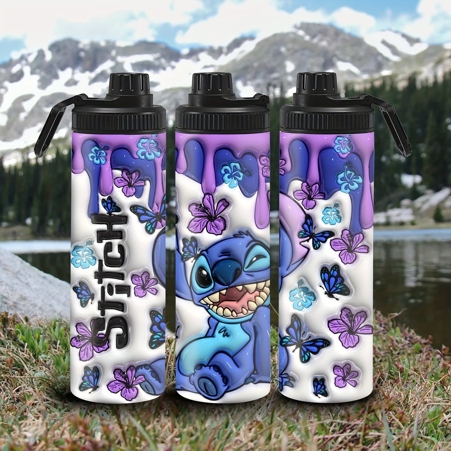 Stitch and butterfly print stainless steel water bottle, insulated for hot and cold drinks, leakproof lid, hand wash only, BPA-free, perfect for outdoor travel and gifting.