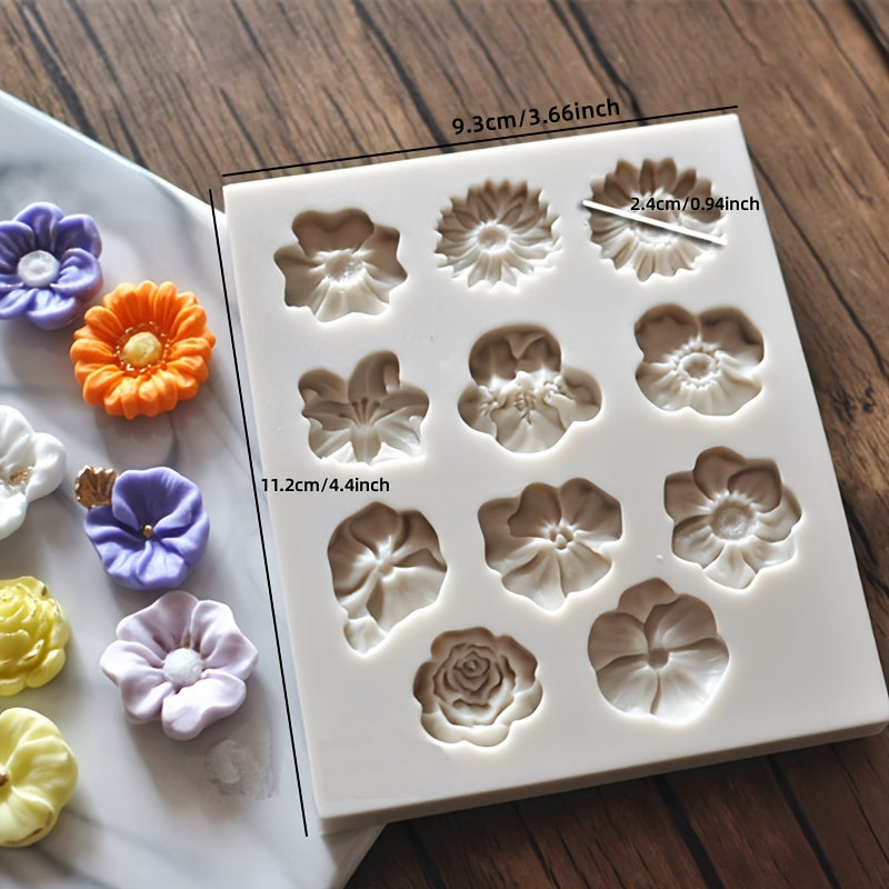 1 piece of a flower-shaped silicone mold with 11 cavities, perfect for making 3D fondant, pudding, chocolate, candy, desserts, gummy, cupcakes, handmade soap, ice cubes, ice cream, and more. Ideal for cake decorating, baking, and other kitchen items.