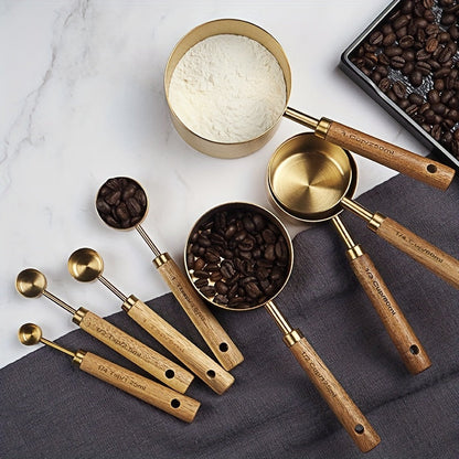 Set of 4 stainless steel measuring cups and 4 stainless steel measuring spoons with acacia wooden handles. Ideal for measuring dry and liquid ingredients when baking or cooking. Includes seasoning and powder spoons for added convenience in the kitchen.