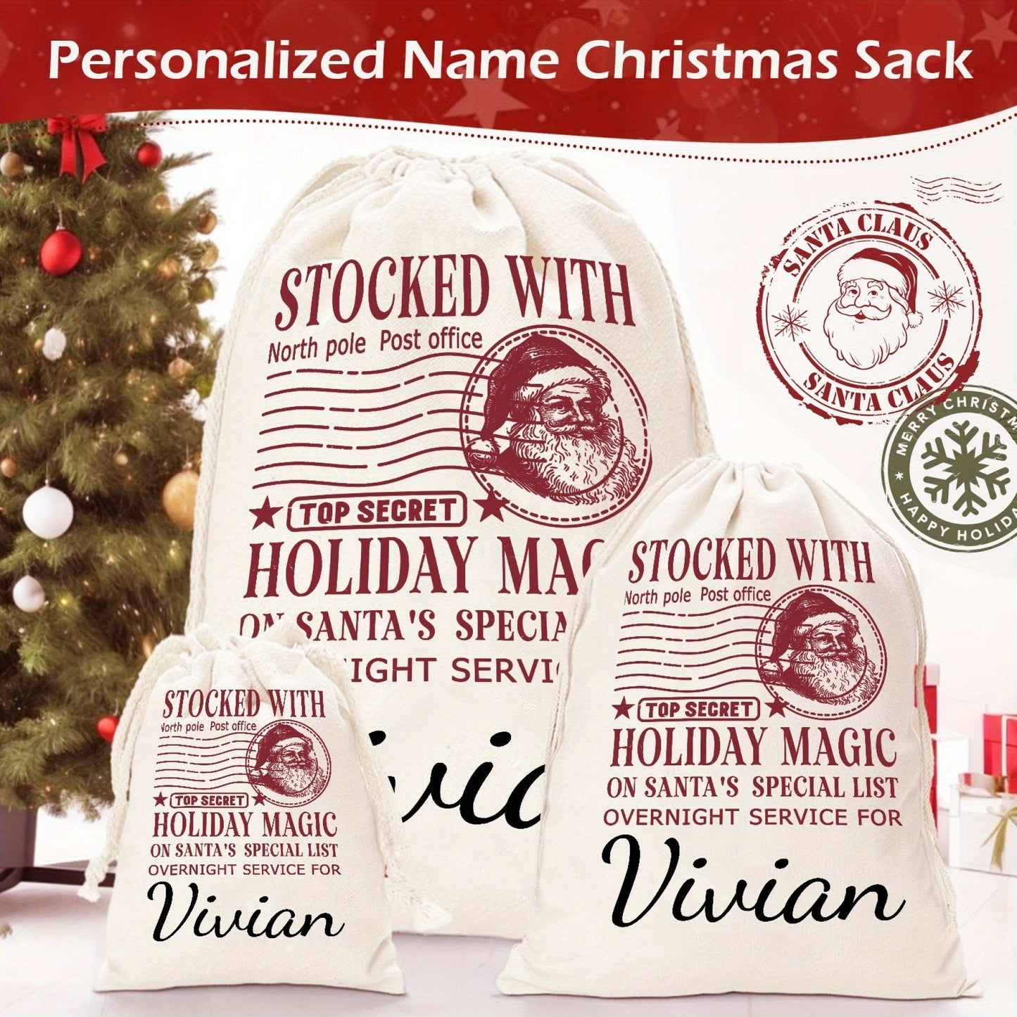 Santa Sack customized with your name for a special touch, Unique Christmas Gift Bags, Oversized Canvas Santa Bags with Drawstring Closure, Adorable Party Favor Bag in Canvas Cute Style, Buy in Bulk for Gift Giving, Three Sizes to Choose From, Ideal for