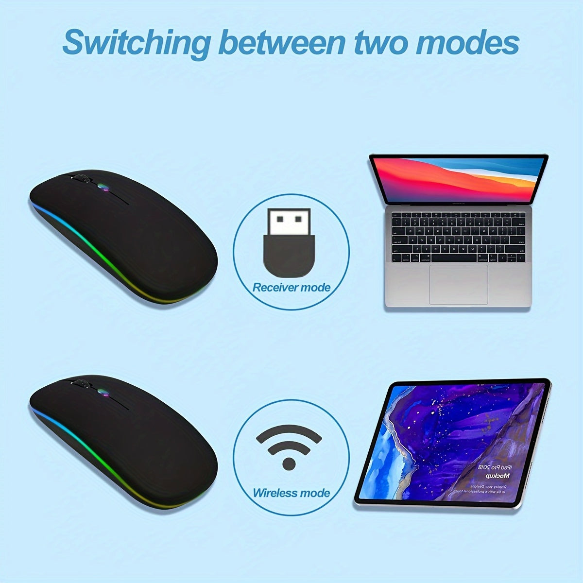 Dual mode wireless mouse for laptop and desktop with silent operation, RGB backlight, battery-powered, no charging function, operating voltage ≤36V.