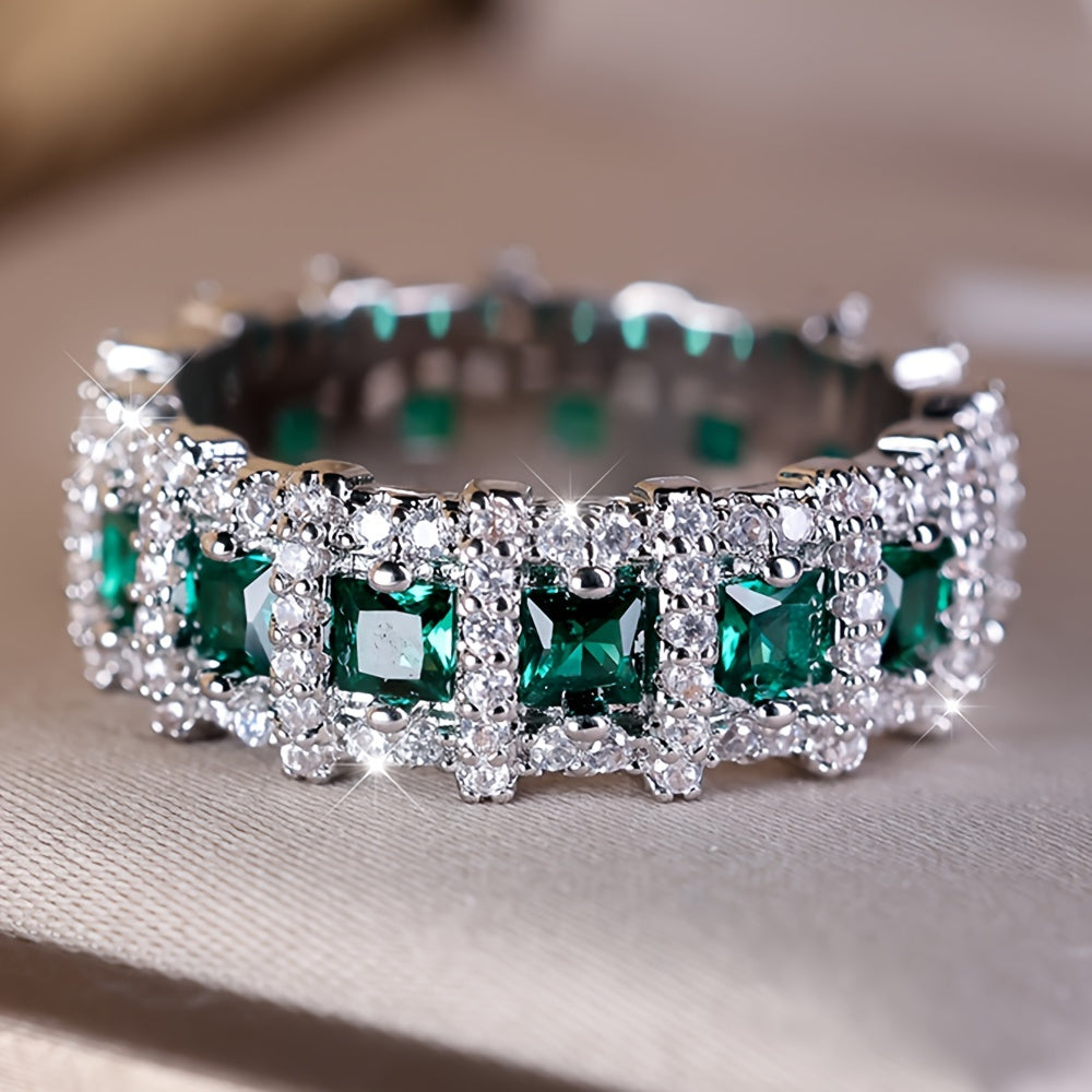 Vintage Boho Style Eternity Band Ring featuring Green zirconia Stones, made of Copper with No Plating - Perfect for Weddings, Engagements, Banquets, or as a Fashion Statement.