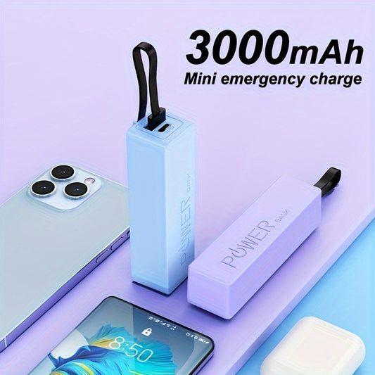 Mini emergency power bank with 3000mAh capacity, cord lanyard, and Type-C cable.