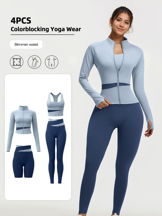 4-piece yoga workout set for women with zipper jacket, leggings, and sports bra in Euro sizes for running and fitness.