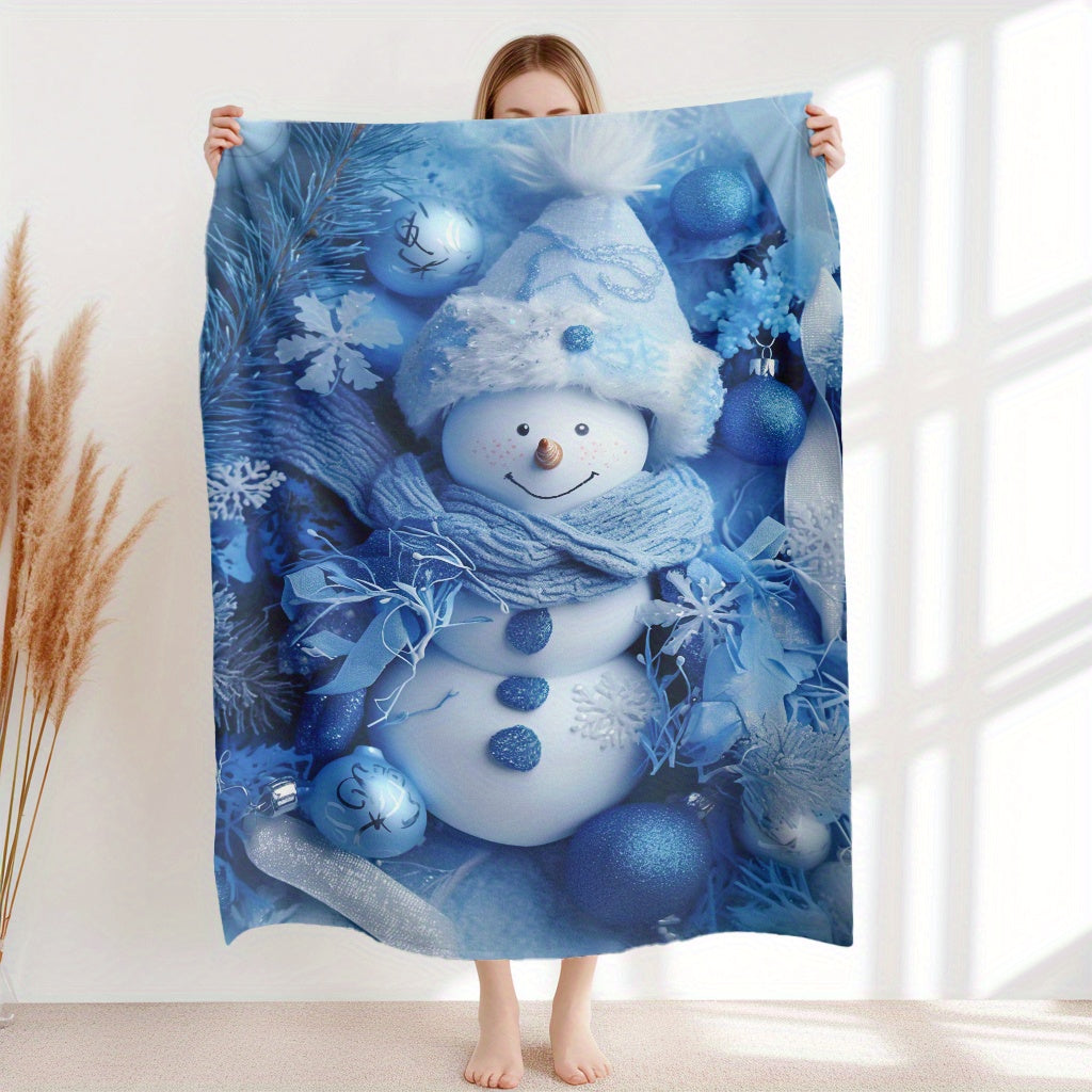 Soft and warm flannel fleece blanket featuring a contemporary snowman blue print. Perfect for cozying up on the sofa, taking a nap at the office, or using during camping and travel. Machine washable and anti-tear for durability. Suitable for all seasons.