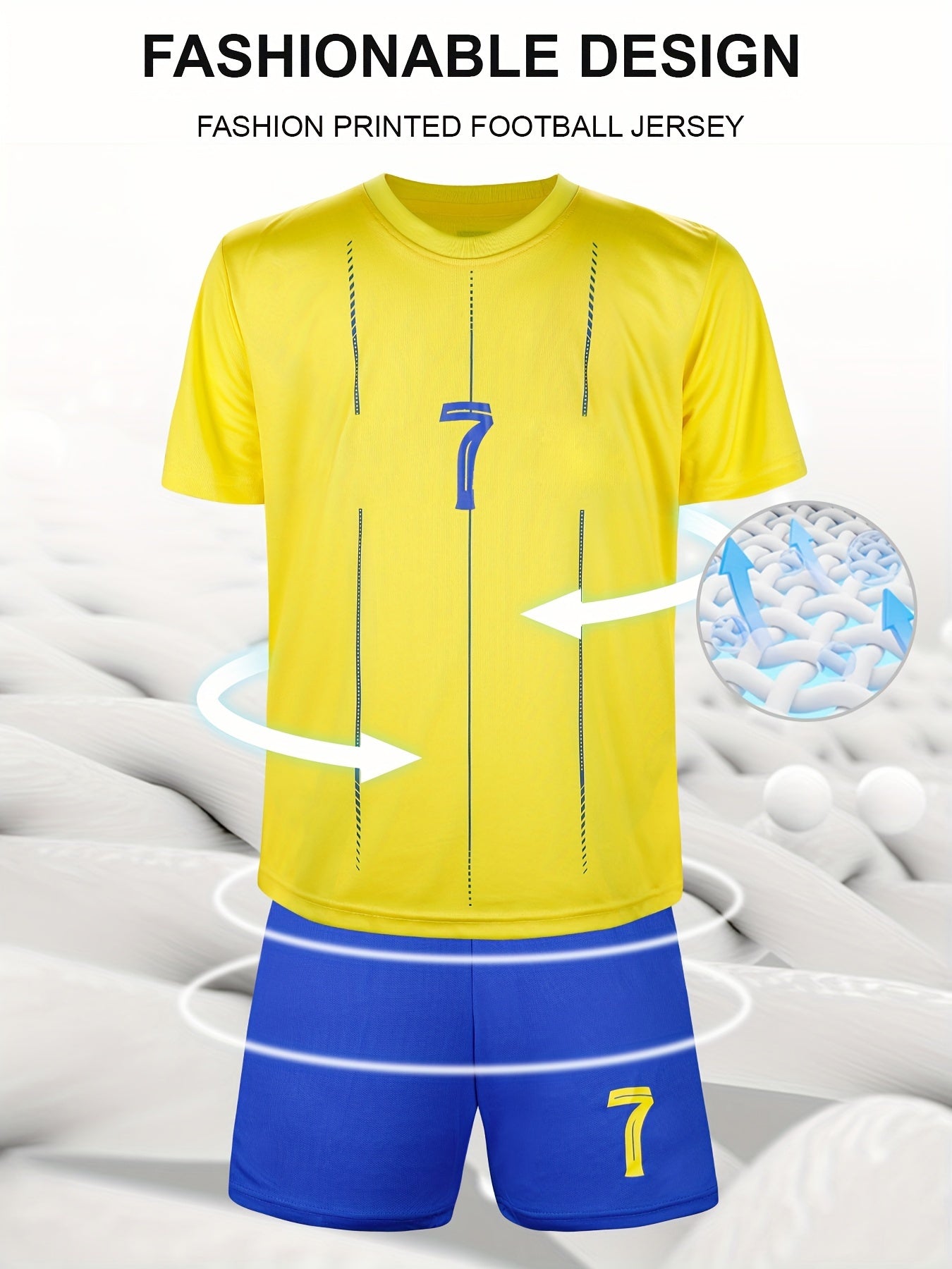 Football kit set comes with 4 pieces including jersey, shorts, socks, and protective gear.