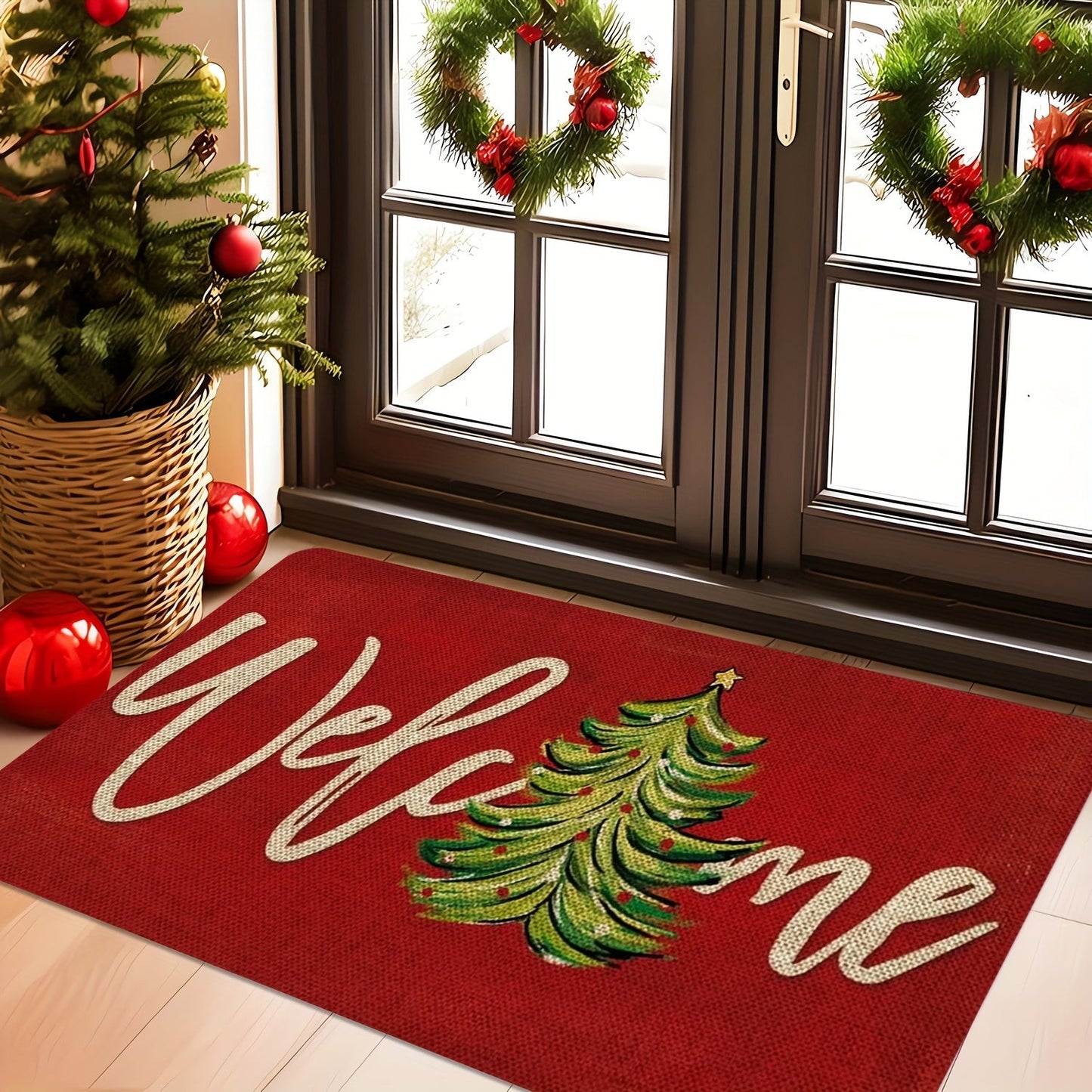 Get into the holiday spirit with our Christmas-themed doormat! Made from red polyester knit fabric, this machine-washable mat is non-slip, stain-resistant, and features medium pile with floral and striped patterns. It is quick-drying, waterproof