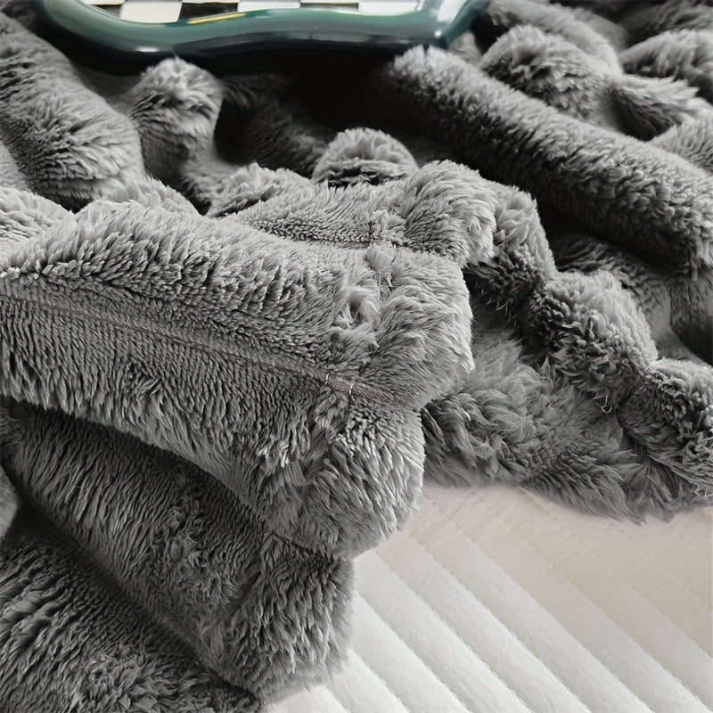 Faux rabbit fur throw blanket, perfect for staying warm indoors or outdoors. Great for napping, using in the office, or taking on camping trips. Can also be used as an air conditioning blanket. Makes a great gift for Christmas or any occasion.