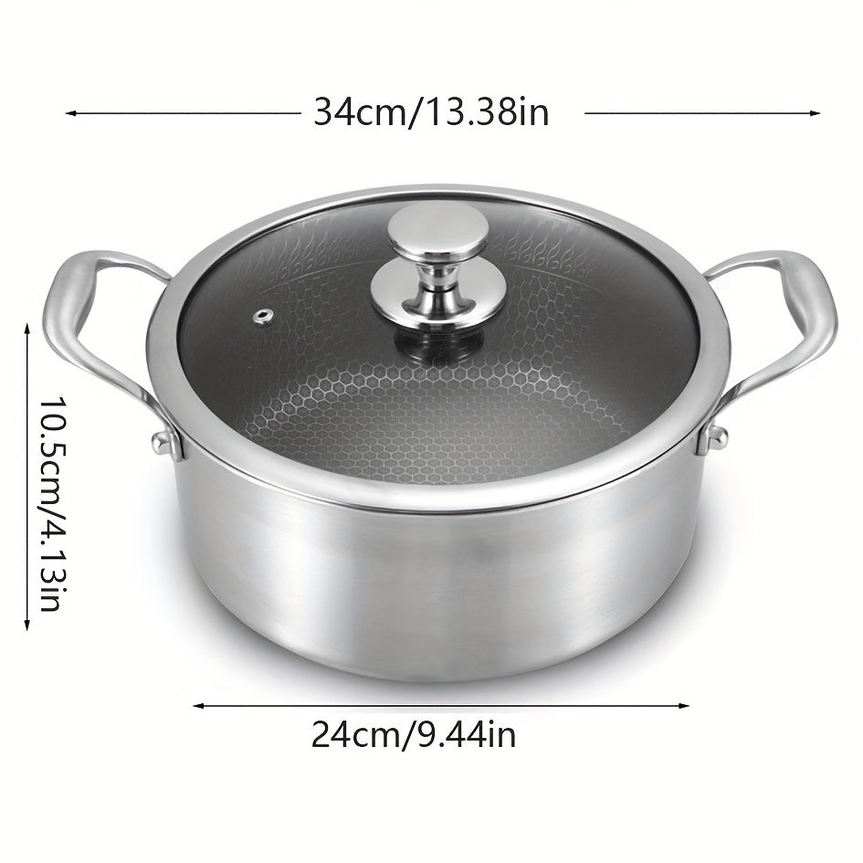 Multi-functional soup pot with lid that is non-stick and suitable for induction cooktops, making it ideal for both home and professional kitchen use on any type of stove.