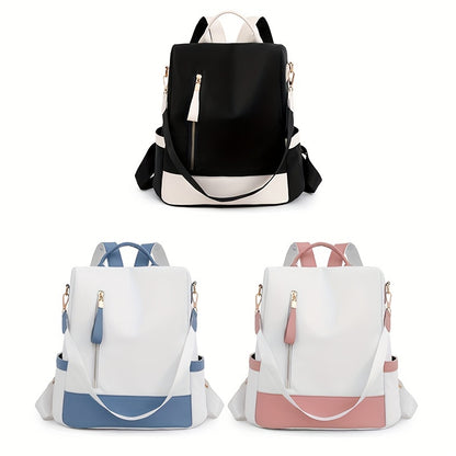 Stylish anti-theft backpack for women, made of lightweight, durable nylon with laptop compartment. Comes in pink, blue, and black.