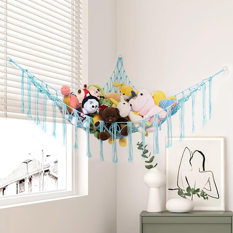 Large blue plush mesh hammock for storing toys in animal-themed corners, can also be used as a wall hanging decoration for plush toys.