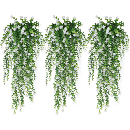 6 PCS UV resistant artificial hanging plants with detachable eucalyptus tea flowers. Perfect for indoor/outdoor walls, gardens, weddings, and home décor.