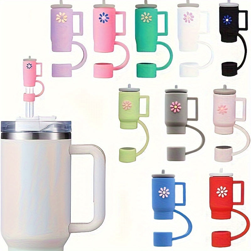 10 flower tumbler straw cover caps for Stanley cups made of silicone, compatible with 30oz and 40oz tumblers with handle. Covers have a 10mm (0.4in) straw tip.