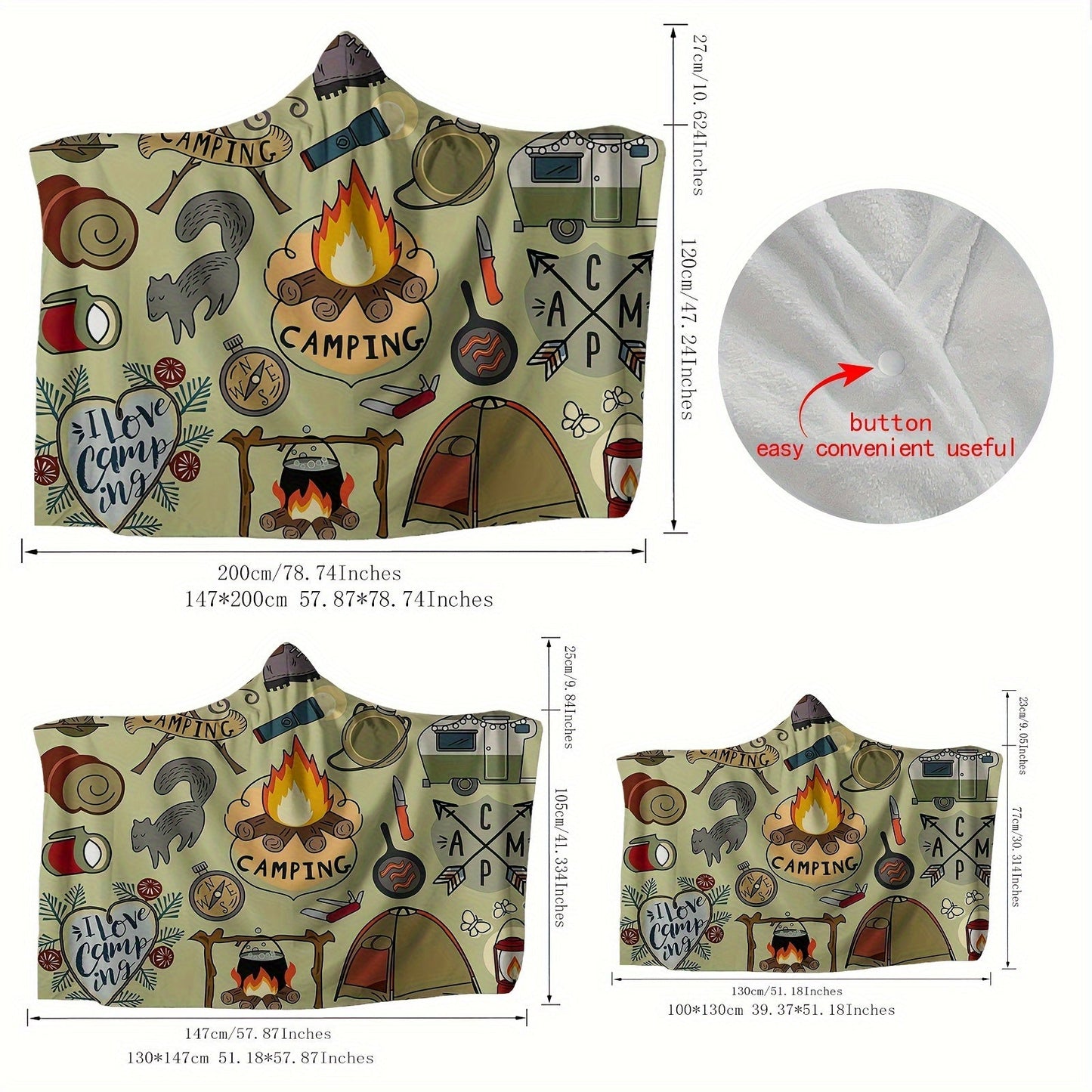 Stay warm and cozy with this versatile Camping Hooded Blanket. Perfect for those chilly nights by the fire or even just lounging on the sofa. This thick, soft blanket is ideal for camping, traveling, or simply nap time. Transform it into a magical cape