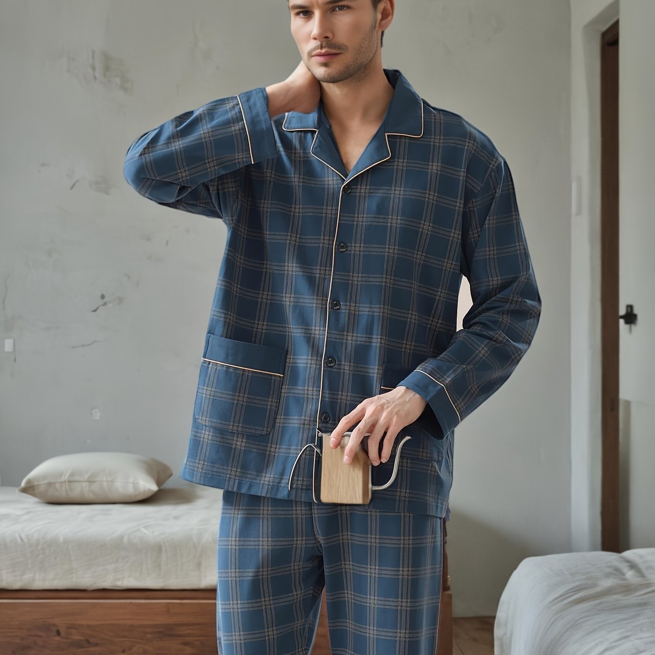 Men's spring and autumn two-piece pajamas with long sleeve trousers, cardigan, turnover collar, loose fit, casual plaid design for adults and youth.