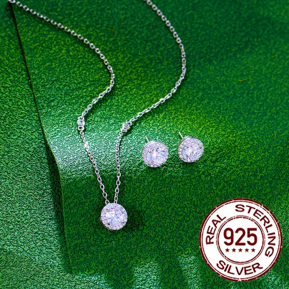 Spoil yourself or a loved one with this elegant Women's Jewelry Set, featuring a stunning necklace and stud earrings made of 925 Sterling Silver and adorned with transparent white round cut Cubic Zirconia stones. Perfect for holidays, birthdays, annual