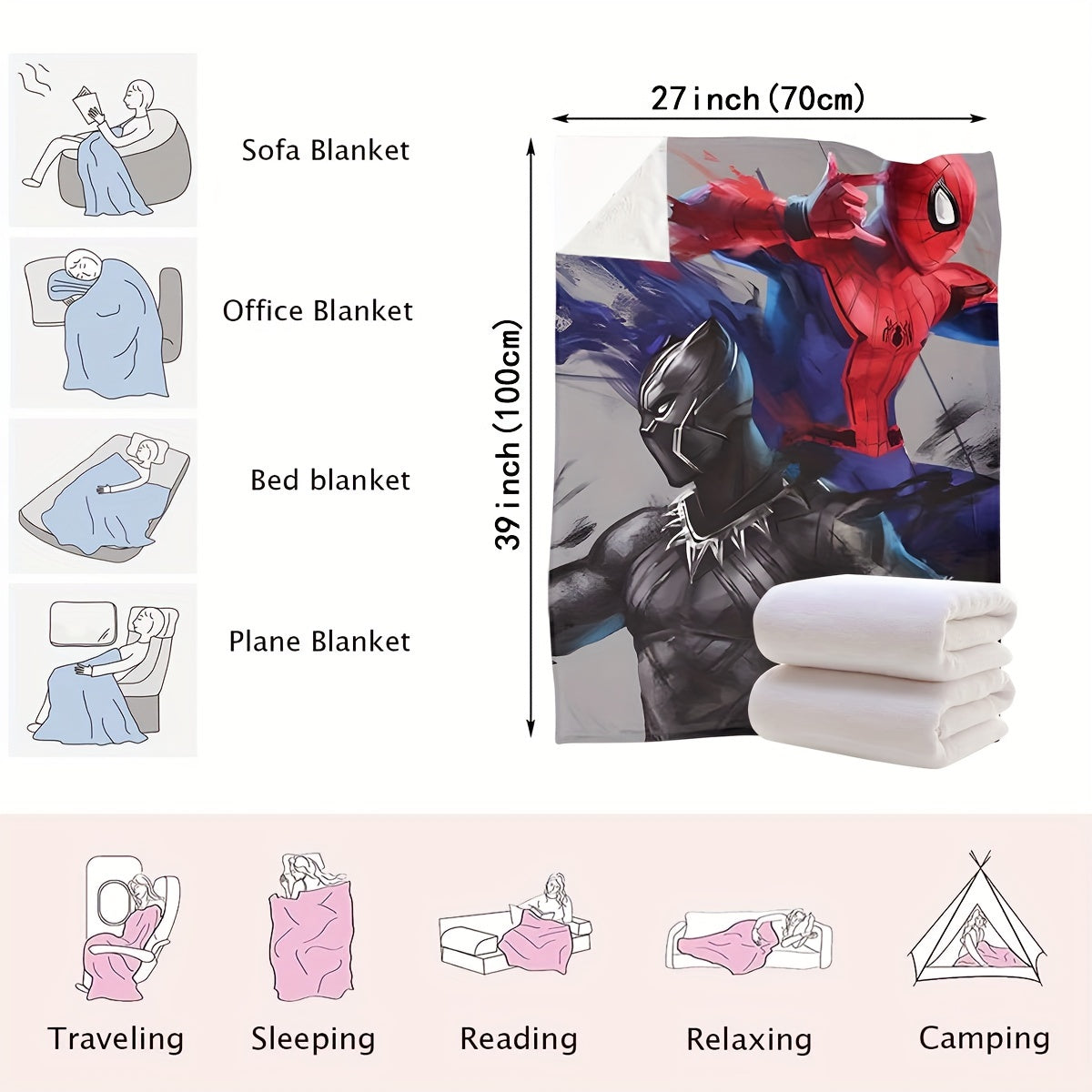 Experience the thrilling battle between Spider-Man and Black Panther on our stylish and detailed red, black, and gray interwoven blankets. Elevate your home with modern and fashionable accessories that bring your superhero dreams to life. Our range of