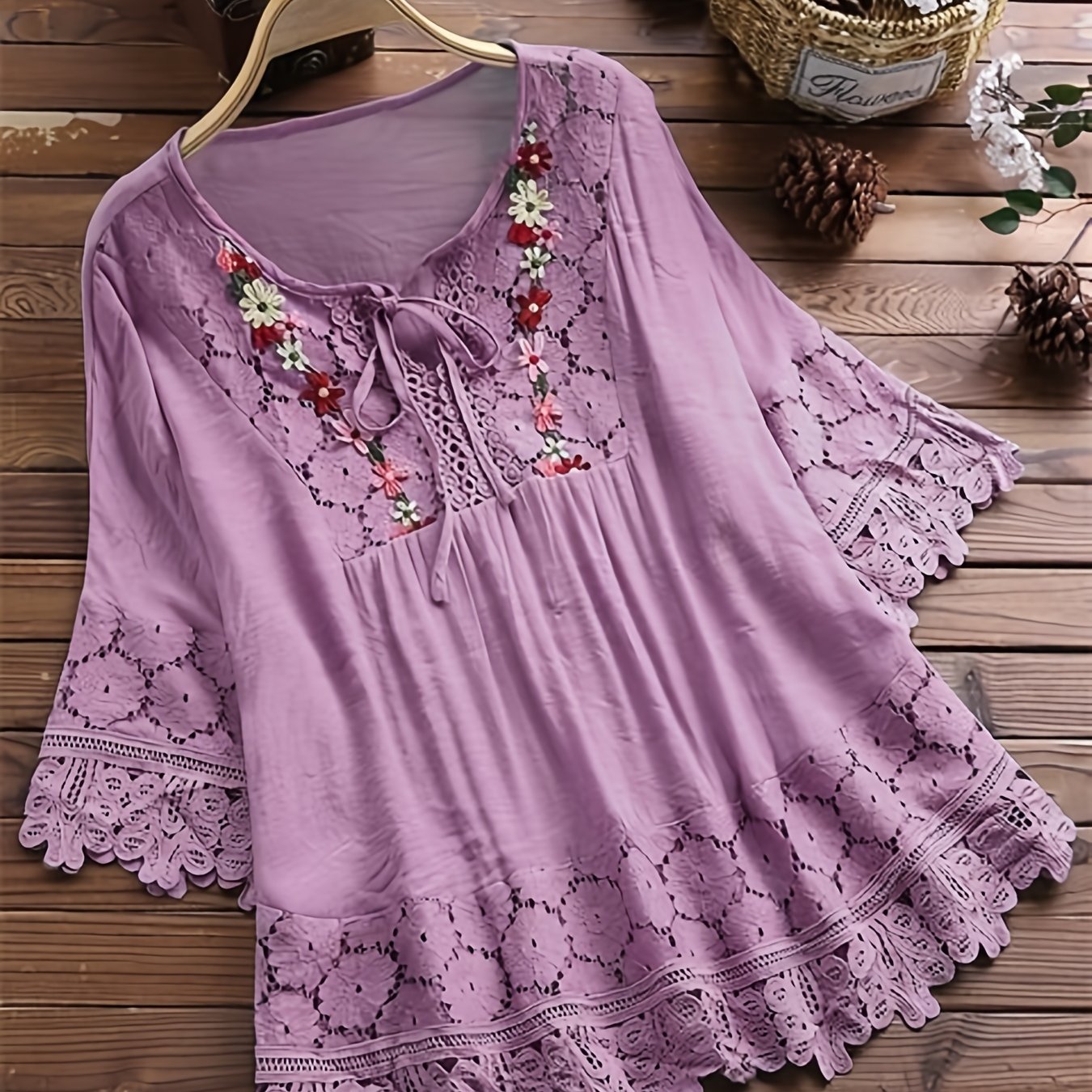 Women's Plus Elegant Blouse with Floral Appliques and Lace Tie Neck