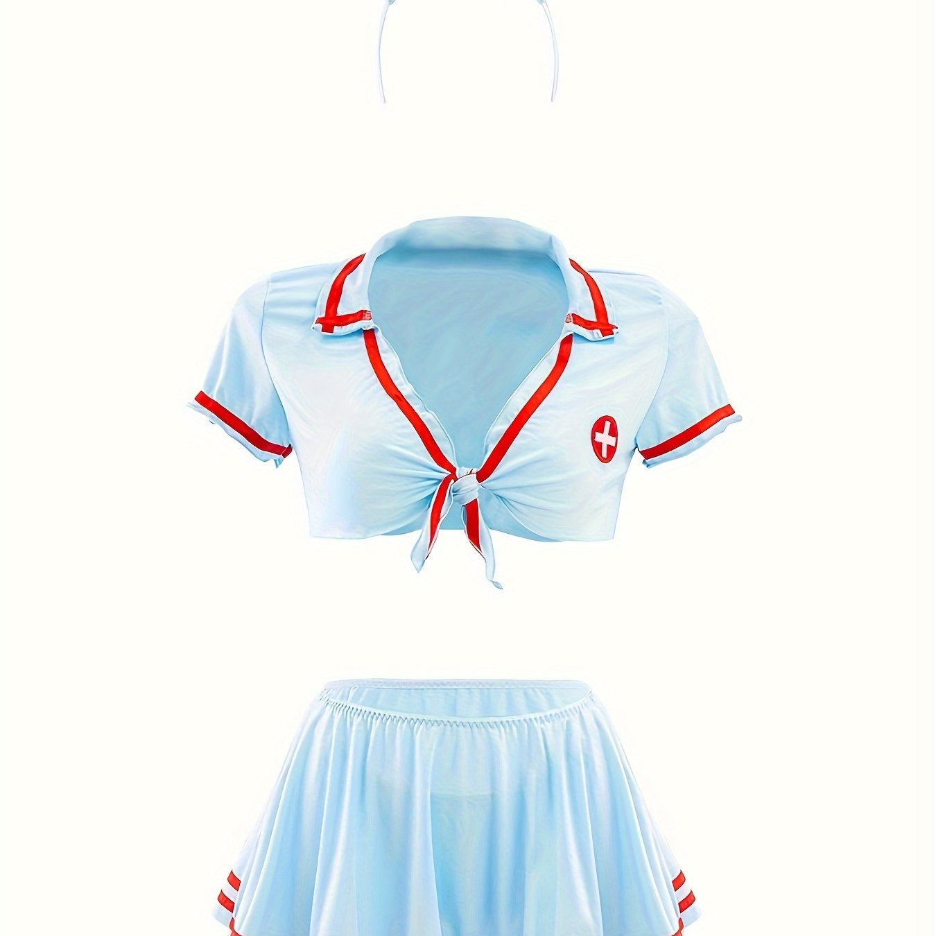 Women's sexy nurse costume with hat, top, underwear, and skirt.