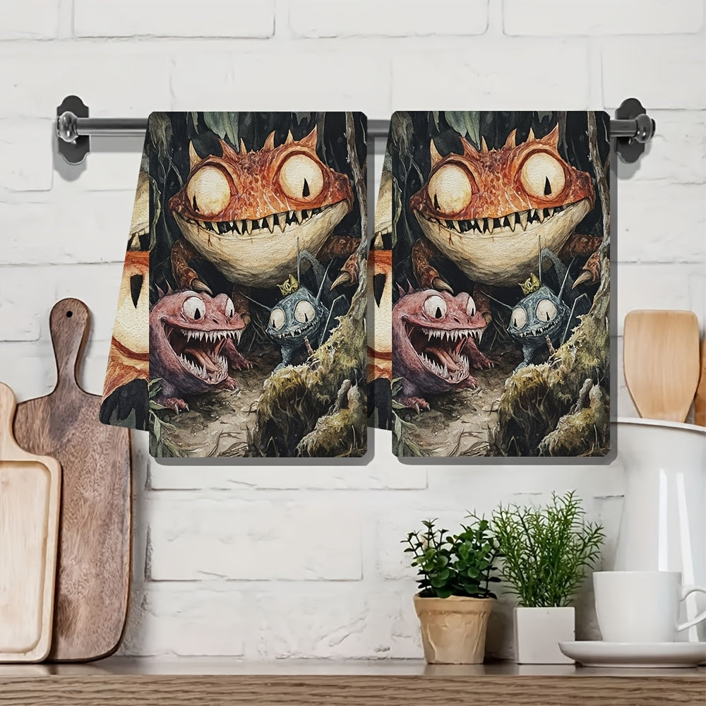 Two pieces of incredibly plush kitchen towels featuring designs of Cryptid Creatures from around the world. These highly absorbent and machine washable dish towels measure 40.64x60.96 cm, making them perfect for holiday decor in the kitchen. These