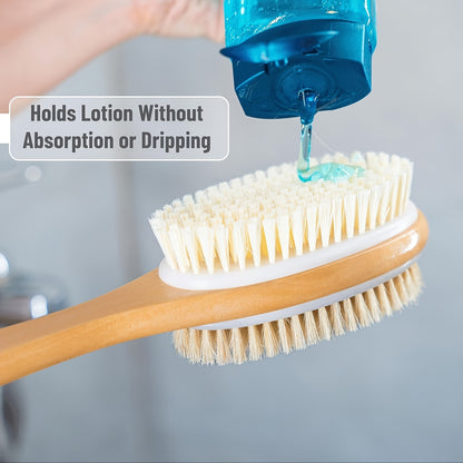 Long-handled dual-sided shower brush for deep cleaning and exfoliating, suitable for lotion application without needing power.