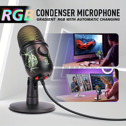 LMBGM USB Condenser Microphone with RGB Lighting, Volume Control, Noise Reduction, USB-C Connector, Unidirectional Polar Pattern; ideal for Gaming, Singing, Streaming, Video Conferencing