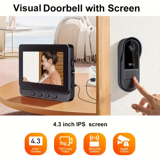 2pcs Visual Video Doorbell with 4.3-inch Screen, Infrared Night Vision, Two-way Video Call, Long Battery Life - for Home, Factory, Office Buildings, School, Store