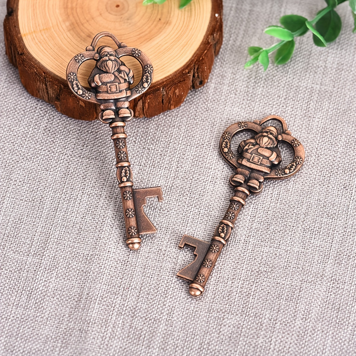 Antique bronze Santa Claus key-shaped bottle opener doubles as a Christmas tree ornament and keychain gift.