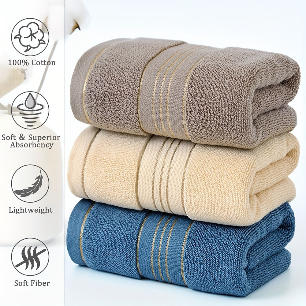 Luxurious 3-pack of cotton bath towels with striped design, super absorbent and quick-dry for bathroom use.