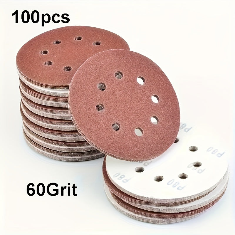 100 5-inch 125mm circular sandpaper with 8 holes, hook and ring system, used for polishing.