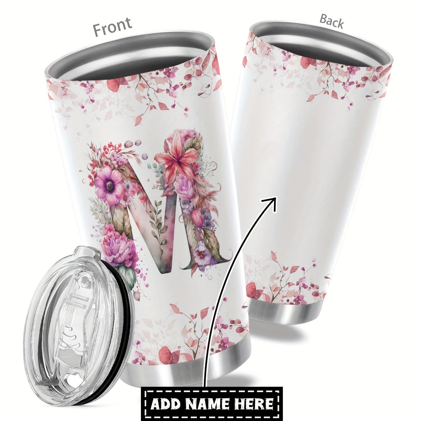 Customize your daily essentials with our Hsdiokl 20oz Insulated Stainless Steel Tumbler featuring a personalized name and flower design. This oval metal mug comes with 2 BPA-free lids, perfect for hand washing and multipurpose use. Designed for adults