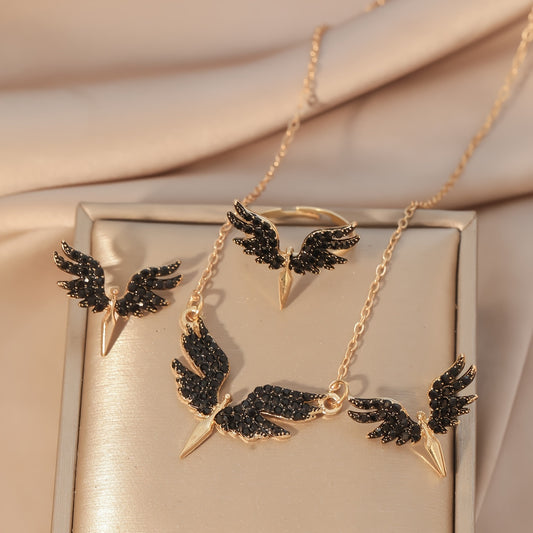 Women's Angel Wing Jewelry Set in Golden Tone with Black Accents - Includes Necklace, Earrings, Ring - Suitable for all occasions, great gift for Mom or friend.