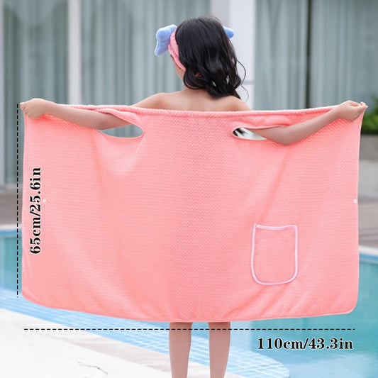 1pc Kids' Candy Color Pineapple Check Shower Skirt made of super soft microfiber knit fabric. This wearable bath towel features a contemporary style, 300gsm thickness, and a fun space towel theme with a convenient pocket - making it a warm bath gift for