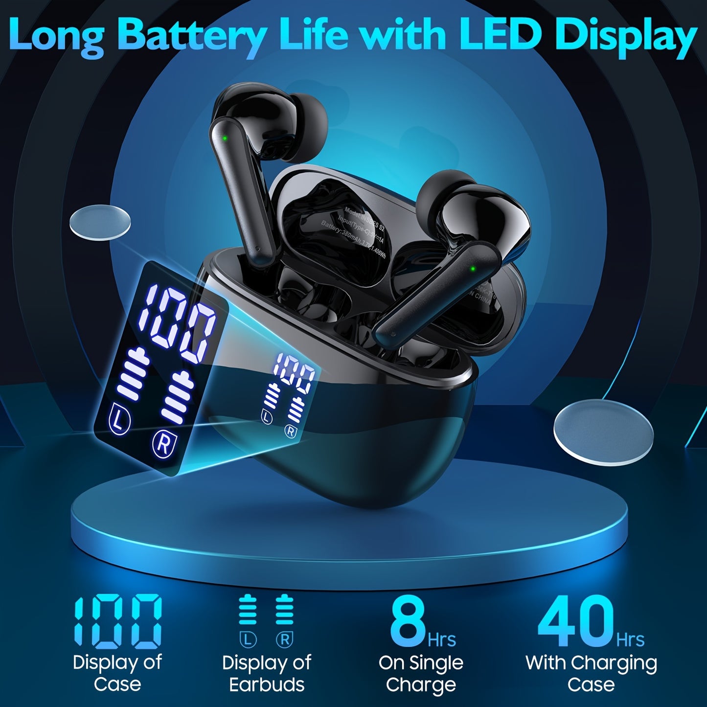 Wireless earbuds with touch control, noise reduction mic, USB Type-C charging case, 15hr playtime, quick charge, 380mAh battery, LED power display. Ideal for sports, adults, and compatible