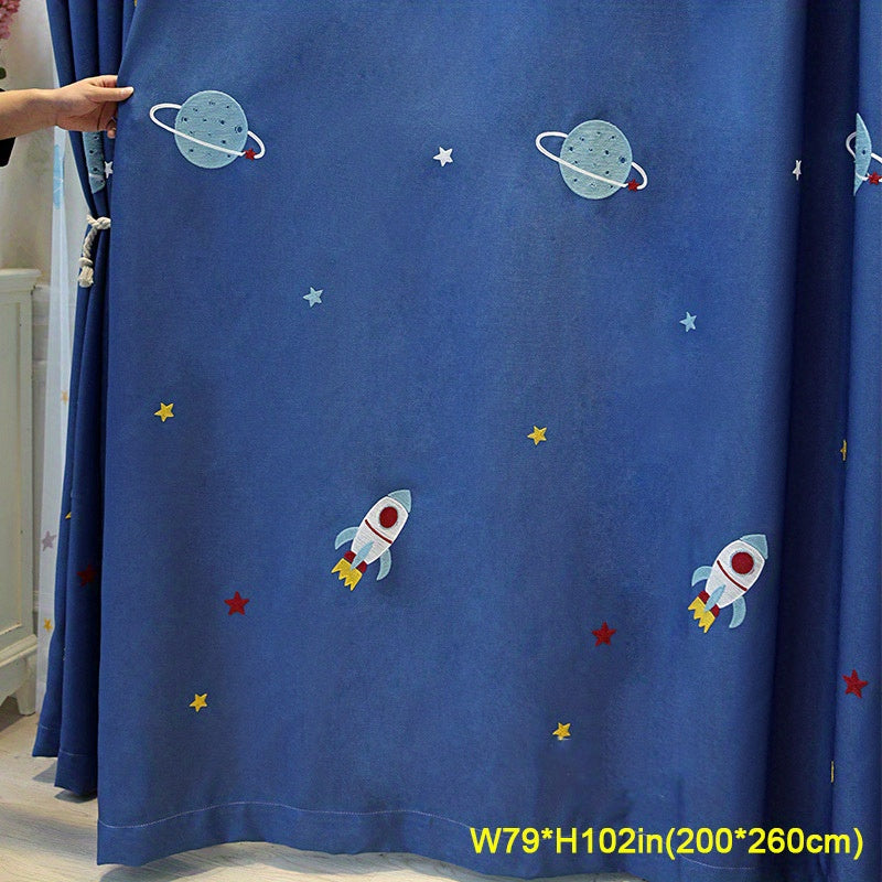 Нavy blue faux linen curtain with cartoon embroidery, paired with a white outer space cartoon tulle sheer curtain for bedroom window treatment.