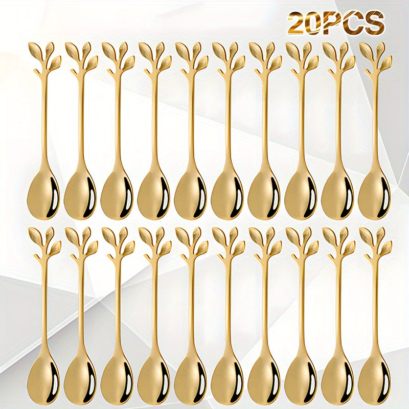 Set of 10 stainless steel coffee spoons with creative leaf-shaped handles, perfect for stirring coffee or desserts. Also includes honey and fruit spoons. Each spoon measures 12.4cm and is available in both silvery and golden colors. Choose from a set of