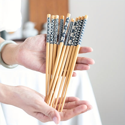 5 pairs of premium reusable bamboo chopsticks with multicolor non-slip design, lightweight and dishwasher safe.