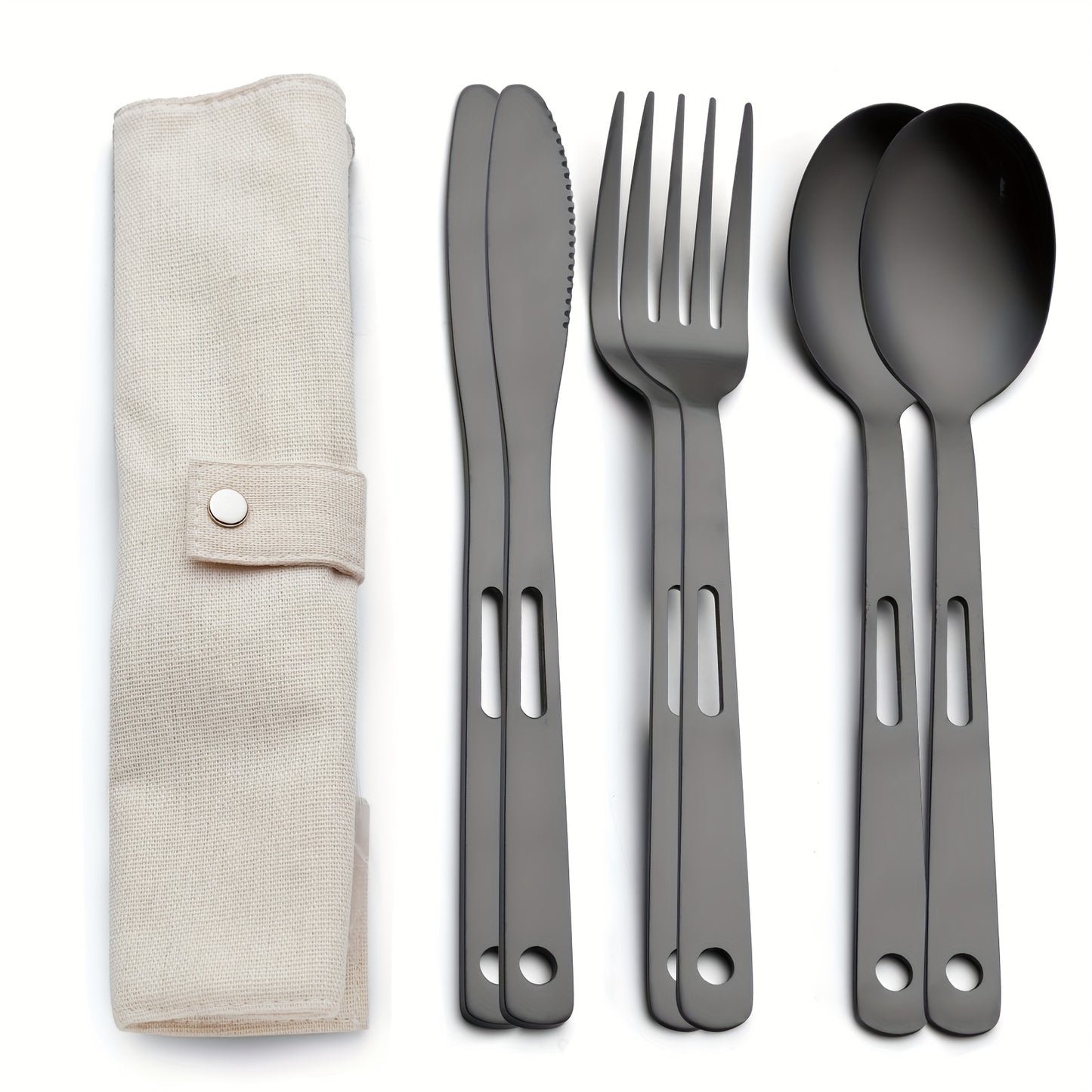 Set of 6 stainless steel tableware pieces for outdoor camping and picnics.