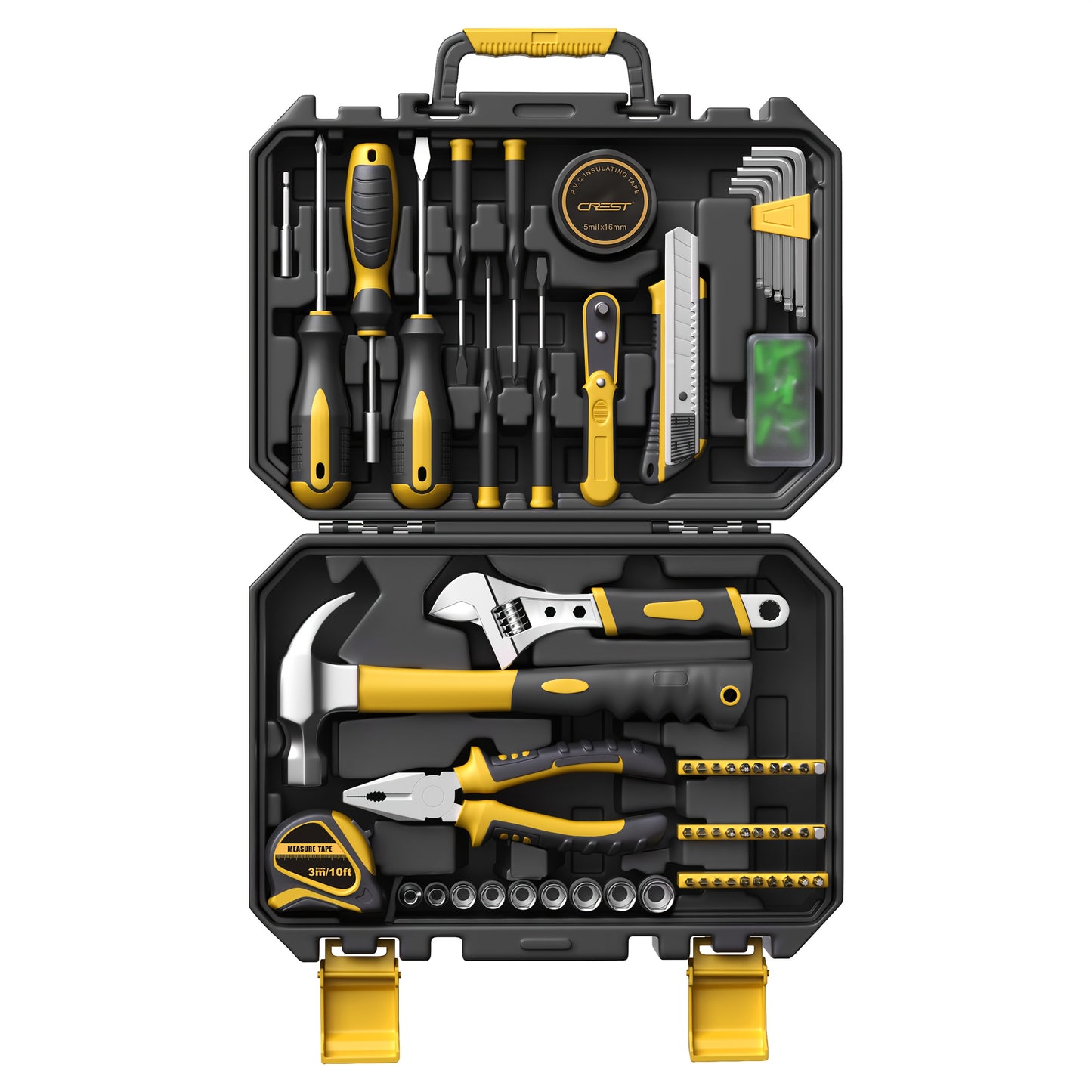 25/26 piece General Household Hand Tool Kit Set for DIY projects and home repairs. Includes plastic toolbox storage case in yellow color.