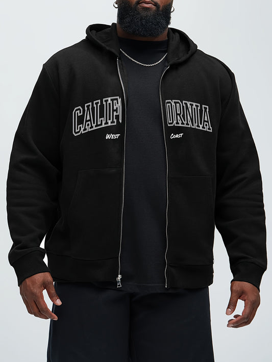 California West Coast Print Plus Size Men's Zip-Up Hoodie with Kangaroo Pocket, perfect for outdoor sports and as a gift idea.